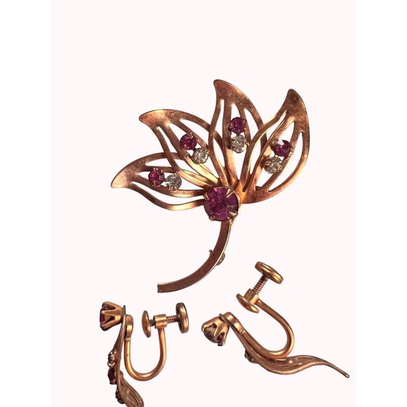 Vintage 50s GF Floral Brooch Earring Set 1/20 12K Rose Gold Filled Pink Clear St - Picture 1 of 10